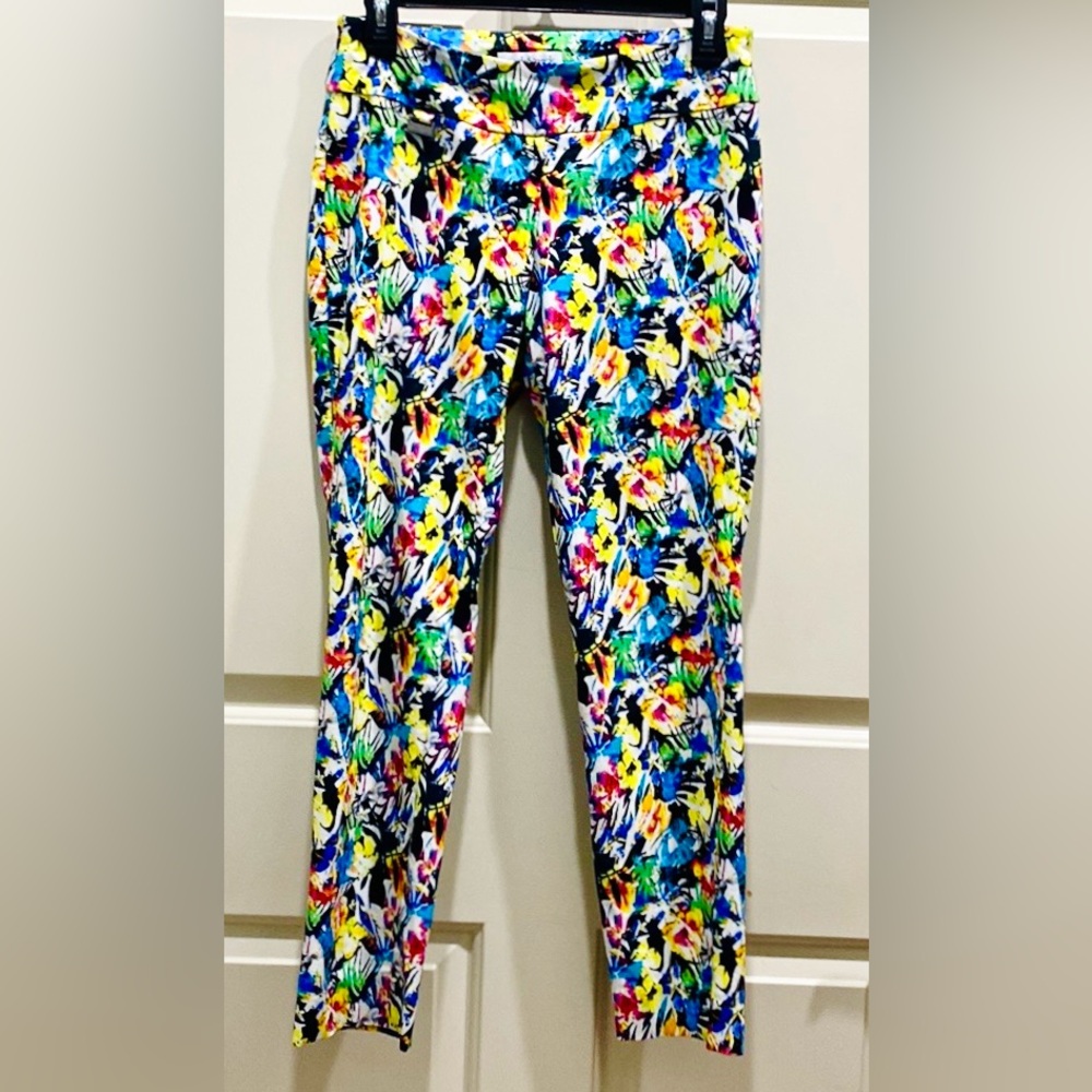Peck & Peck Petite Blue Yellow Floral 4P Tropical Vibe Artsy Resortwear Pants